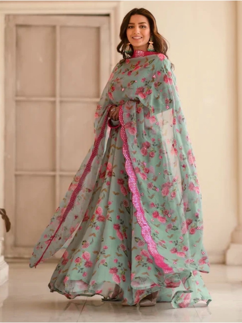 Elegant Floral Anarkali Dress in Mint Green and Pink